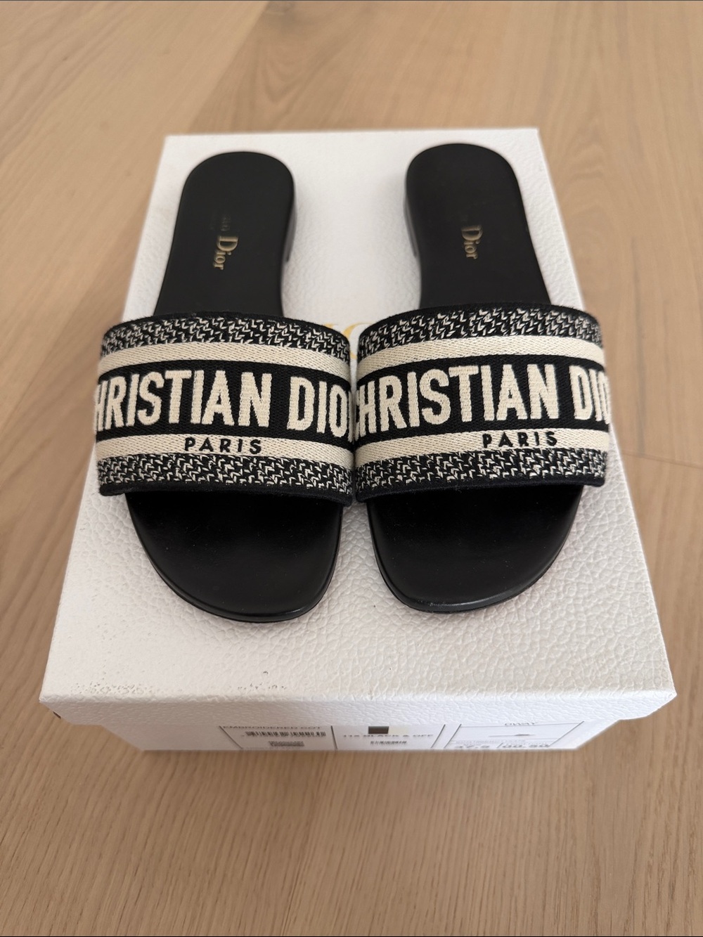 Dior Black and Cream Christian Dior Logo Slide Sandals